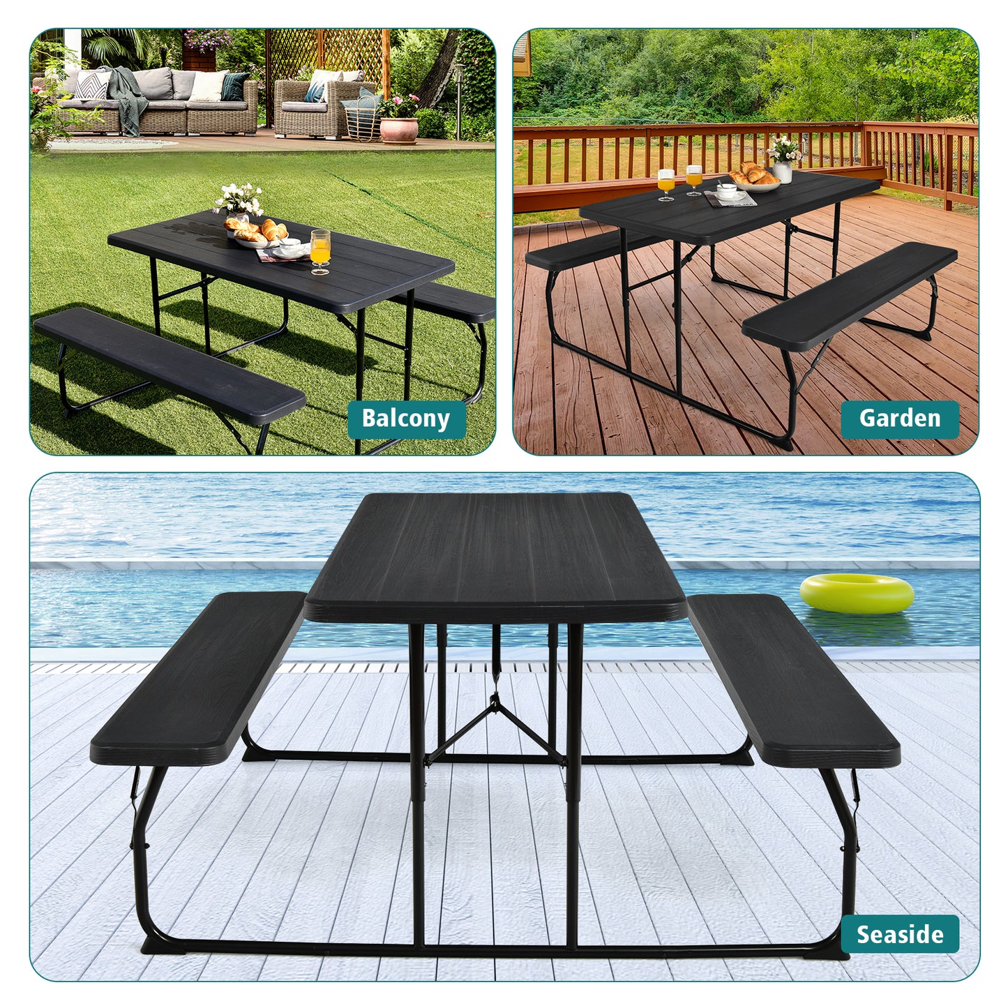 Indoor and Outdoor Folding Picnic Table Bench Set with Wood-like Texture