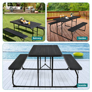 Indoor and Outdoor Folding Picnic Table Bench Set with Wood-like Texture-Black