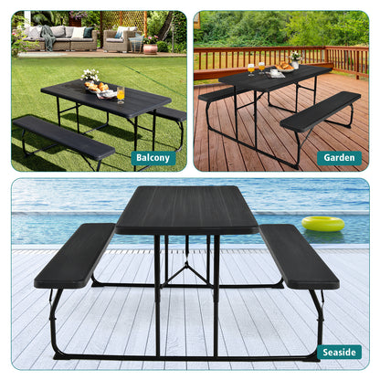 Indoor and Outdoor Folding Picnic Table Bench Set with Wood-like Texture