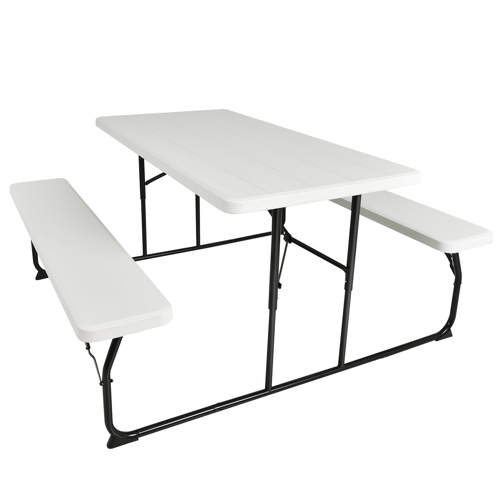 Indoor and Outdoor Folding Picnic Table Bench Set with Wood-like Texture-Gray - White
