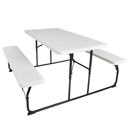 Indoor and Outdoor Folding Picnic Table Bench Set with Wood-like Texture-Gray - White