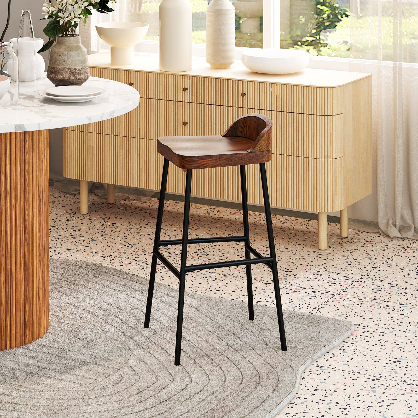 Set of 1/2 29 Inch Industrial Bar Stools with Low Back and Footrests-1 Piece