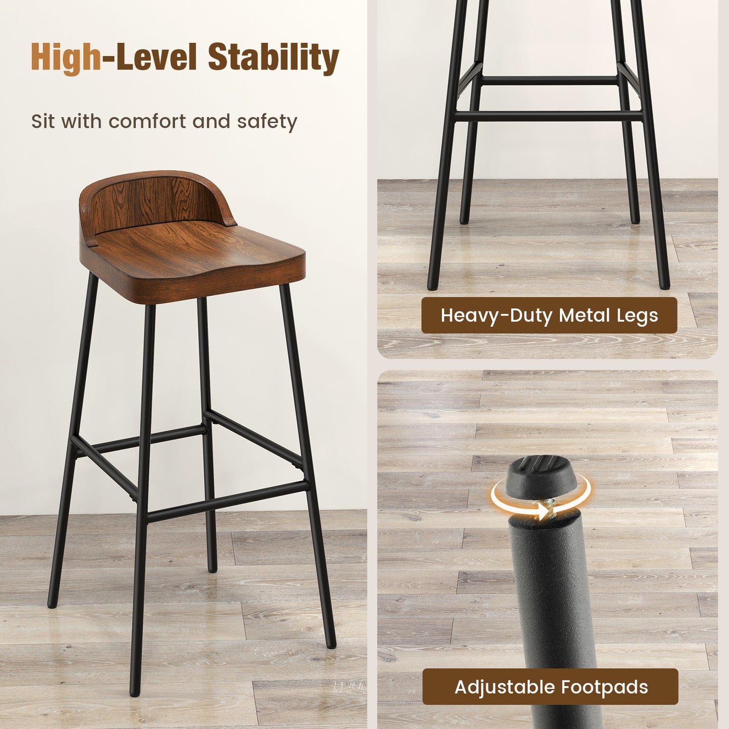 Set of 1/2 29 Inch Industrial Bar Stools with Low Back and Footrests-1 Piece
