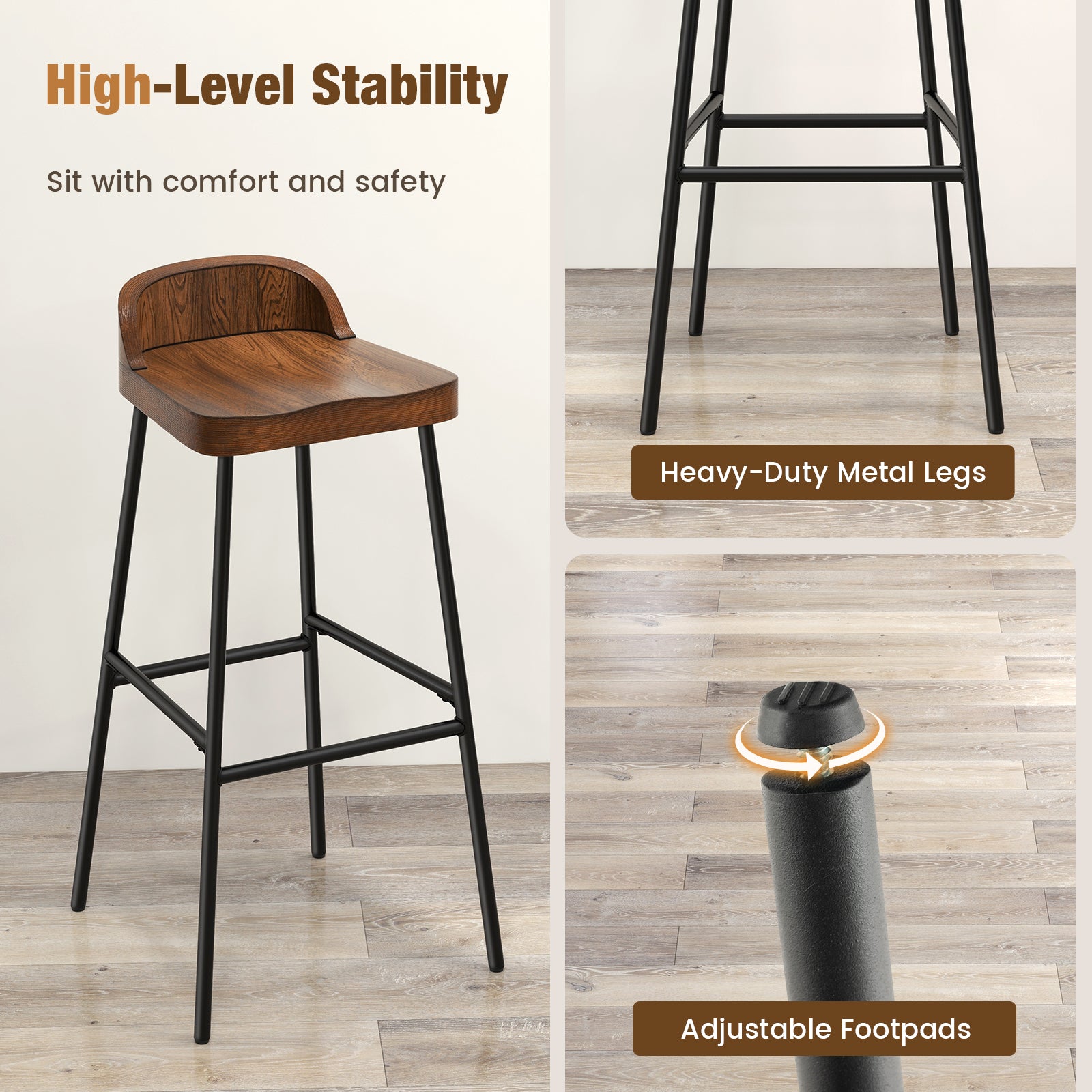 Set of 1/2 29 Inch Industrial Bar Stools with Low Back and Footrests-1 Piece