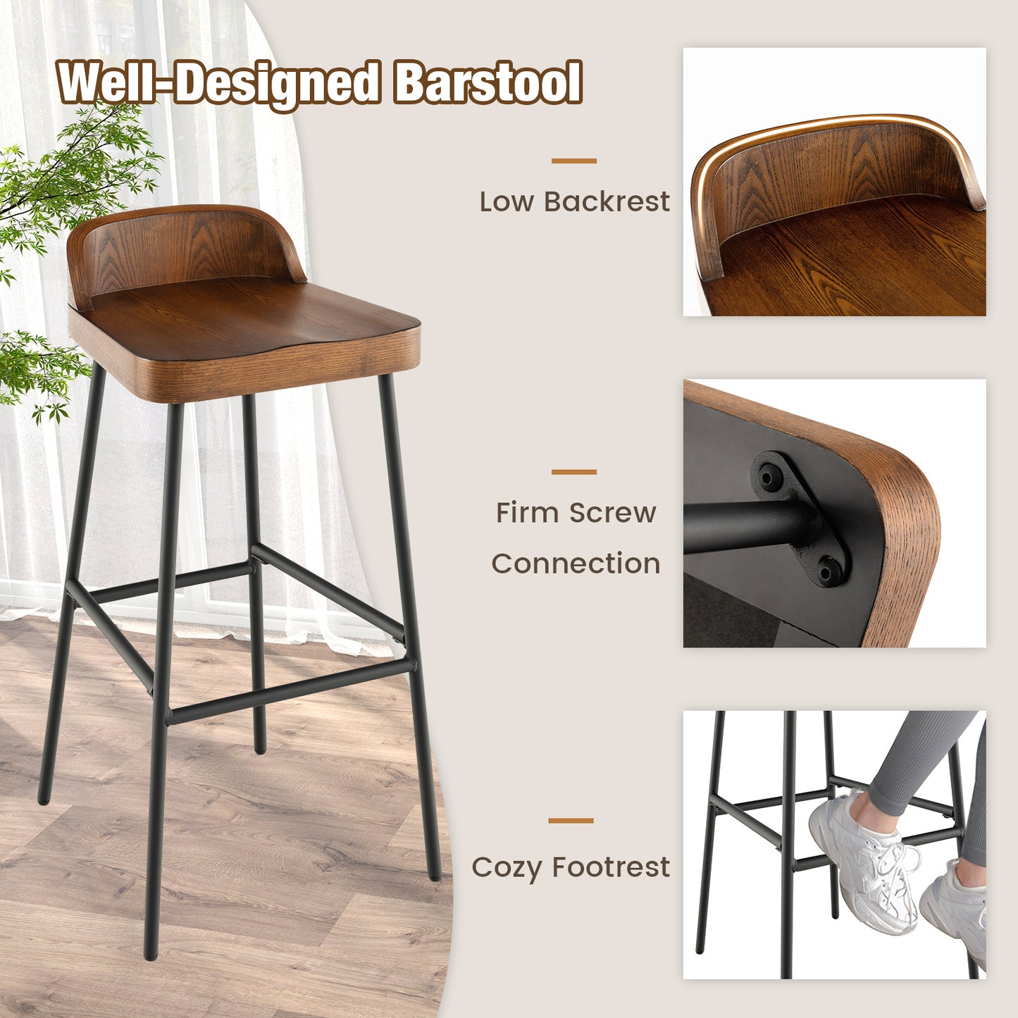 Set of 1/2 29 Inch Industrial Bar Stools with Low Back and Footrests-1 Piece