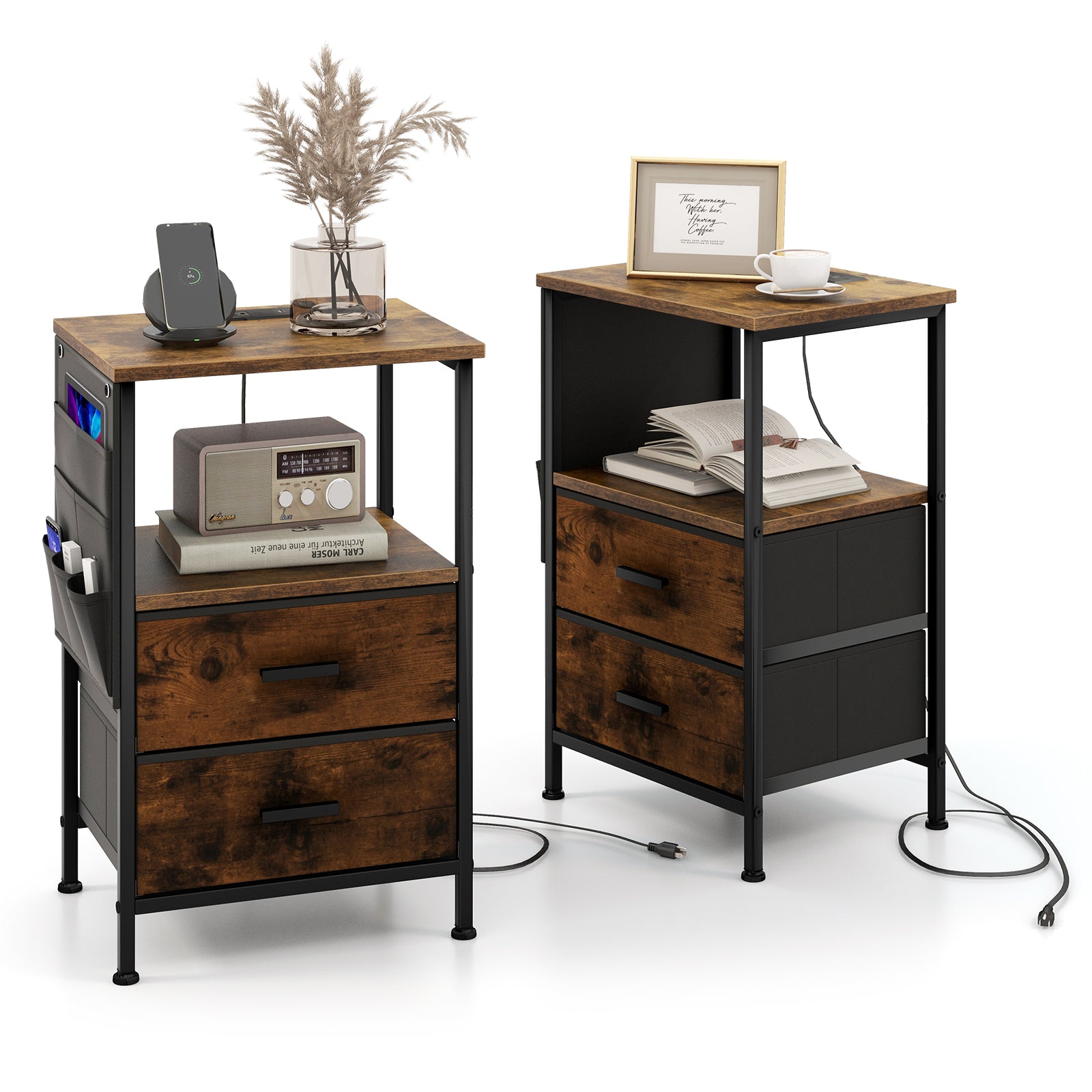 Industrial Bedside Table with USB Ports and AC Outlets for Bedroom Living Room-Set of 2