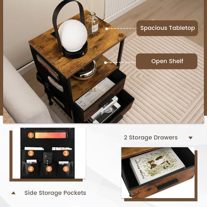 Industrial Bedside Table with USB Ports and AC Outlets for Bedroom Living Room-Set of 2