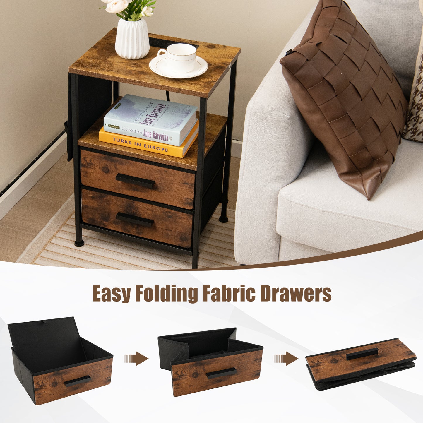 Industrial Bedside Table with USB Ports and AC Outlets for Bedroom Living Room-1 Piece