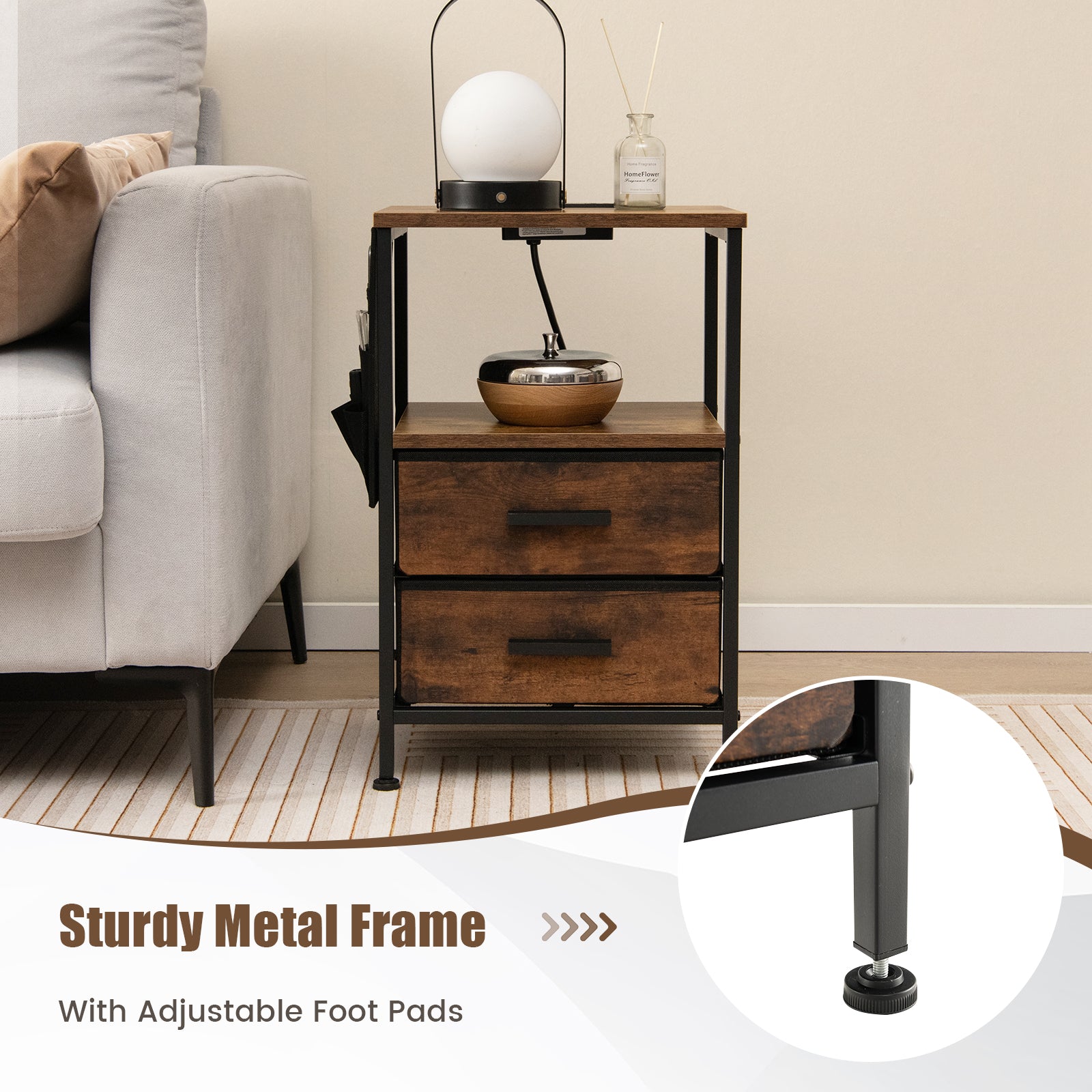 Industrial Bedside Table with USB Ports and AC Outlets for Bedroom Living Room-1 Piece
