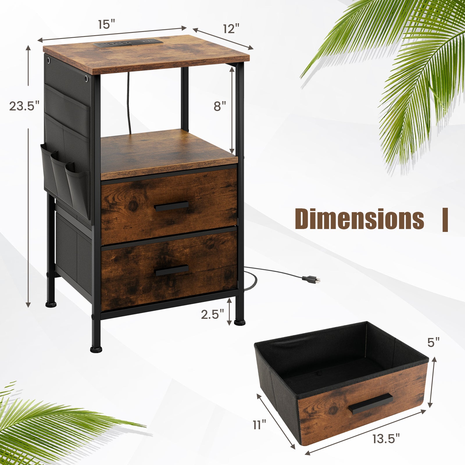 Industrial Bedside Table with USB Ports and AC Outlets for Bedroom Living Room-Set of 2