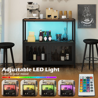 Industrial Coffee Bar Cabinet with LED Lights and Charging Station-Rustic Brown