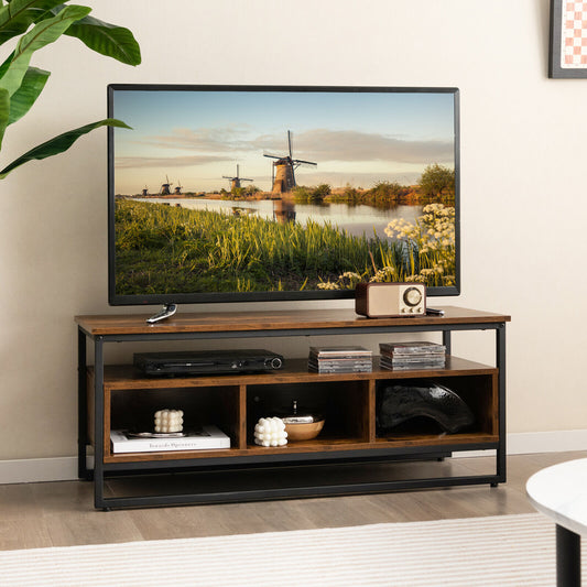 3-Tier Industrial Style Coffee Table with Open Shelf and 3 Storage Cubbies-Rustic Brown