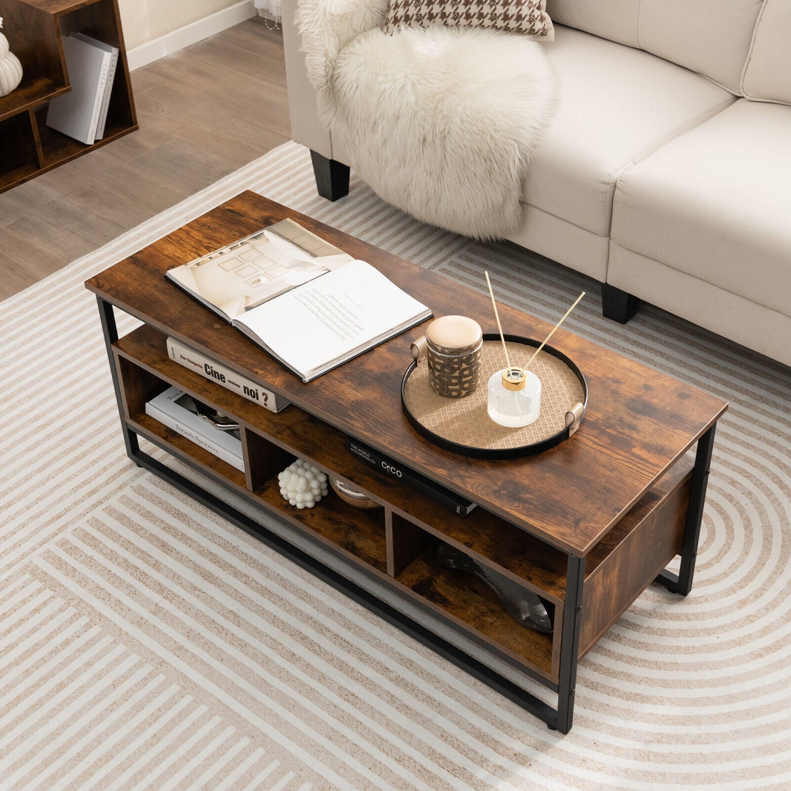 3-Tier Industrial Style Coffee Table with Open Shelf and 3 Storage Cubbies-Rustic Brown
