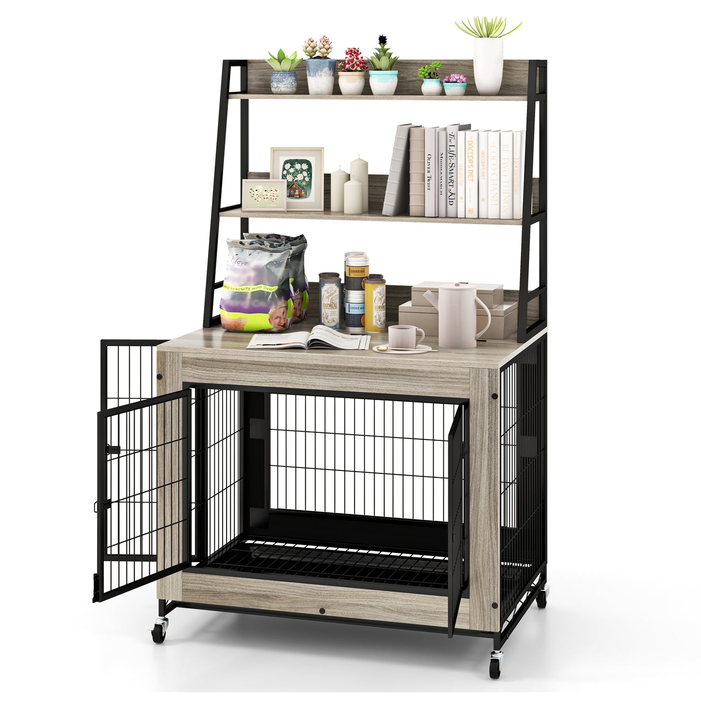 Industrial Dog Kennel Dog Crate Furniture with Storage Shelves-Gray - Gray