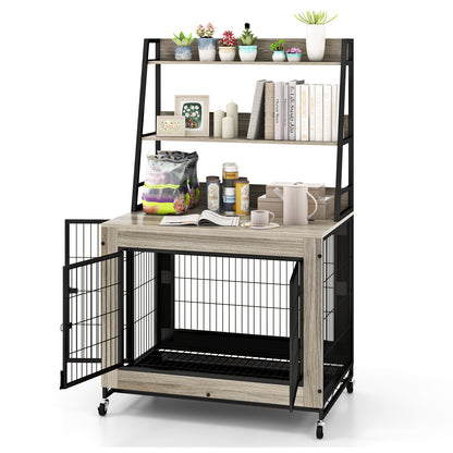 Industrial Dog Kennel Dog Crate Furniture with Storage Shelves-Gray - Gray