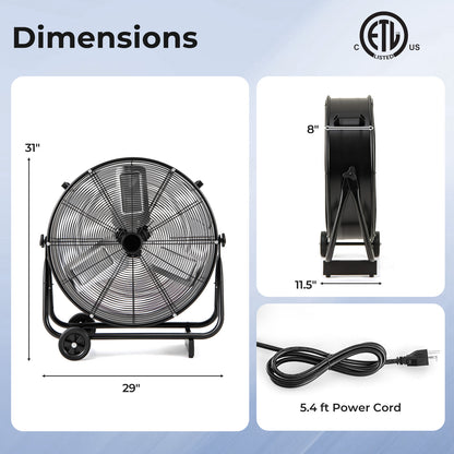 Industrial Drum Fan with 2 Wheels and 360-Degree Adjustable Tilt-Black