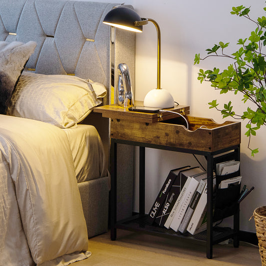 Industrial End Table with Charging Station and Flip Top-Rustic Brown
