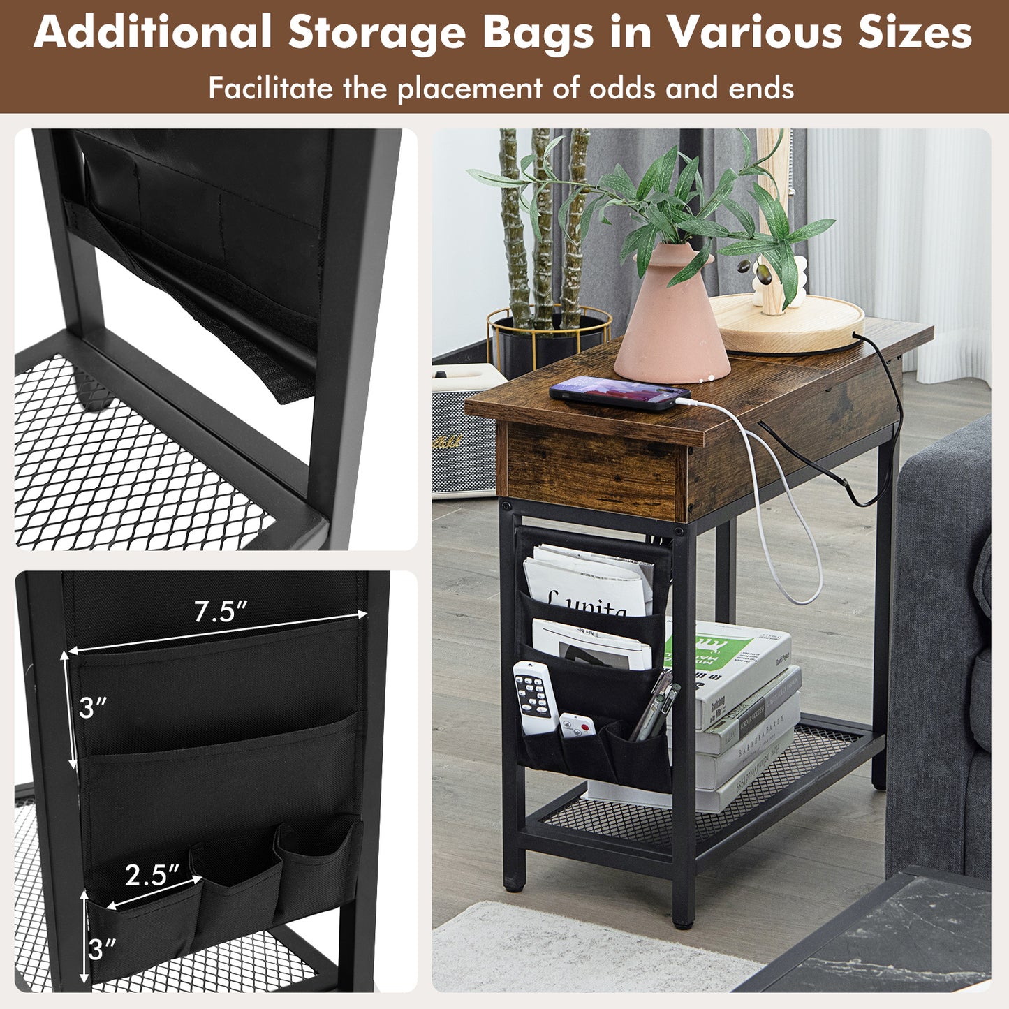 Industrial End Table with Charging Station and Flip Top-Rustic Brown