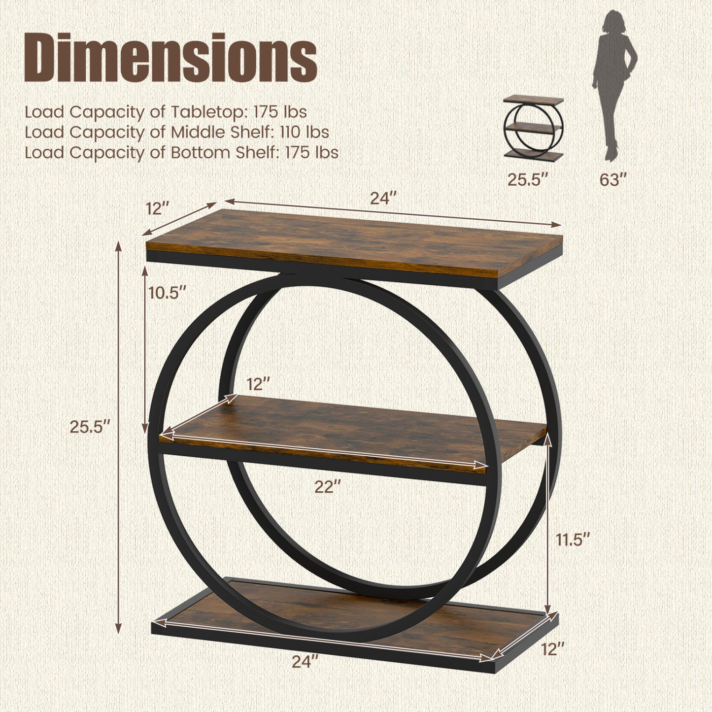 3-Tier Industrial Side Table with Metal Frame