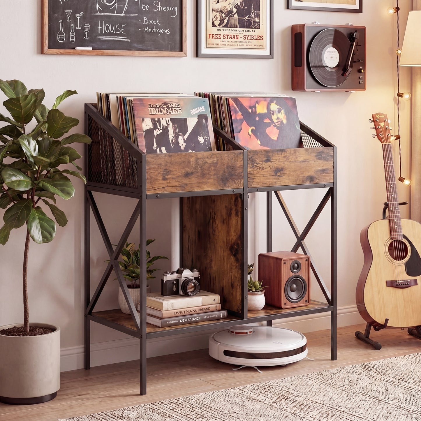 Industrial Vinyl Record Storage Rack with Metal Frame