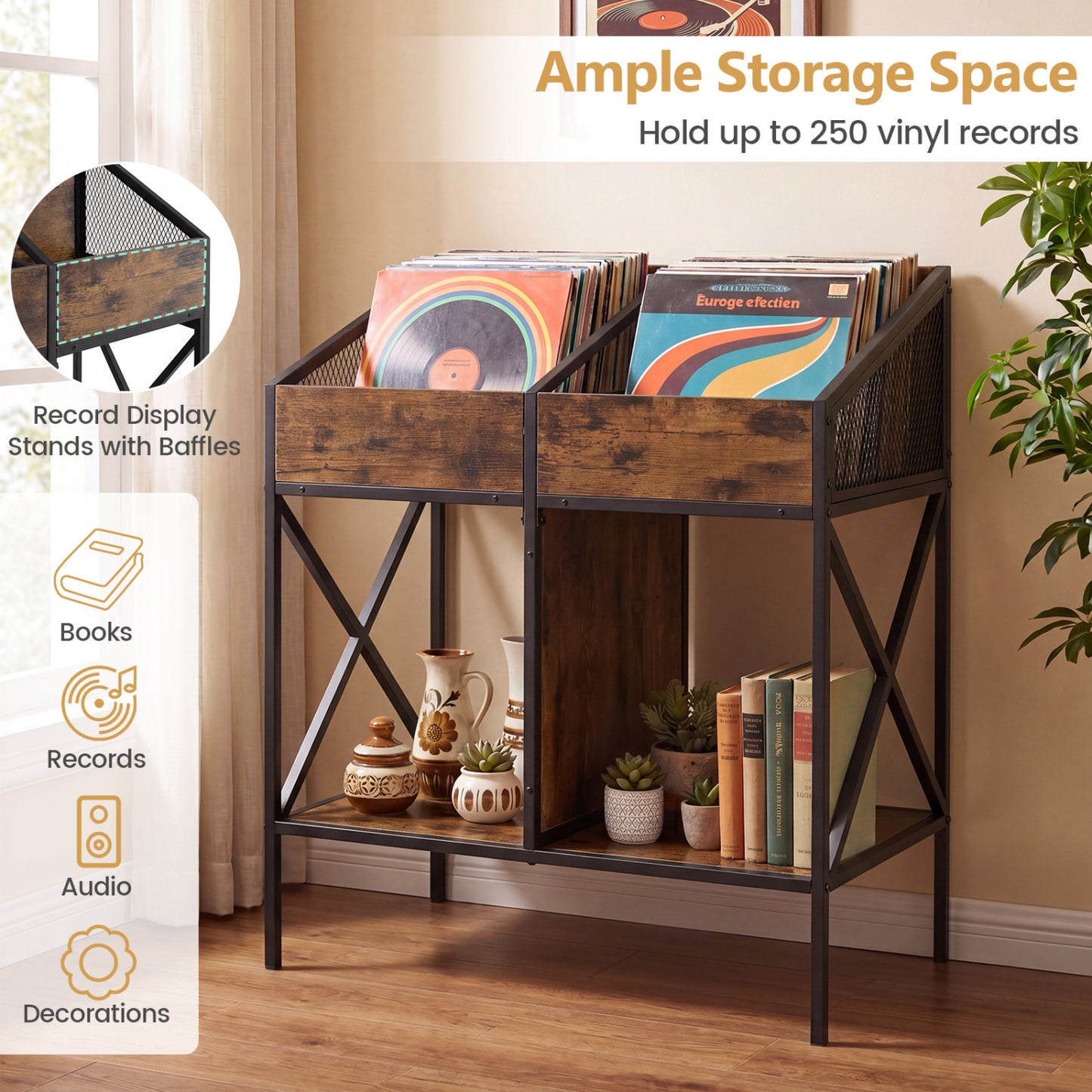 Industrial Vinyl Record Storage Rack with Metal Frame