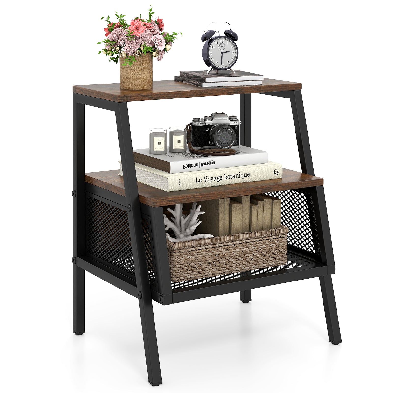 Industrial Nightstand 3-Tier End Table with 2 Open Shelves and Metal Mesh Compartment-Rustic Brown