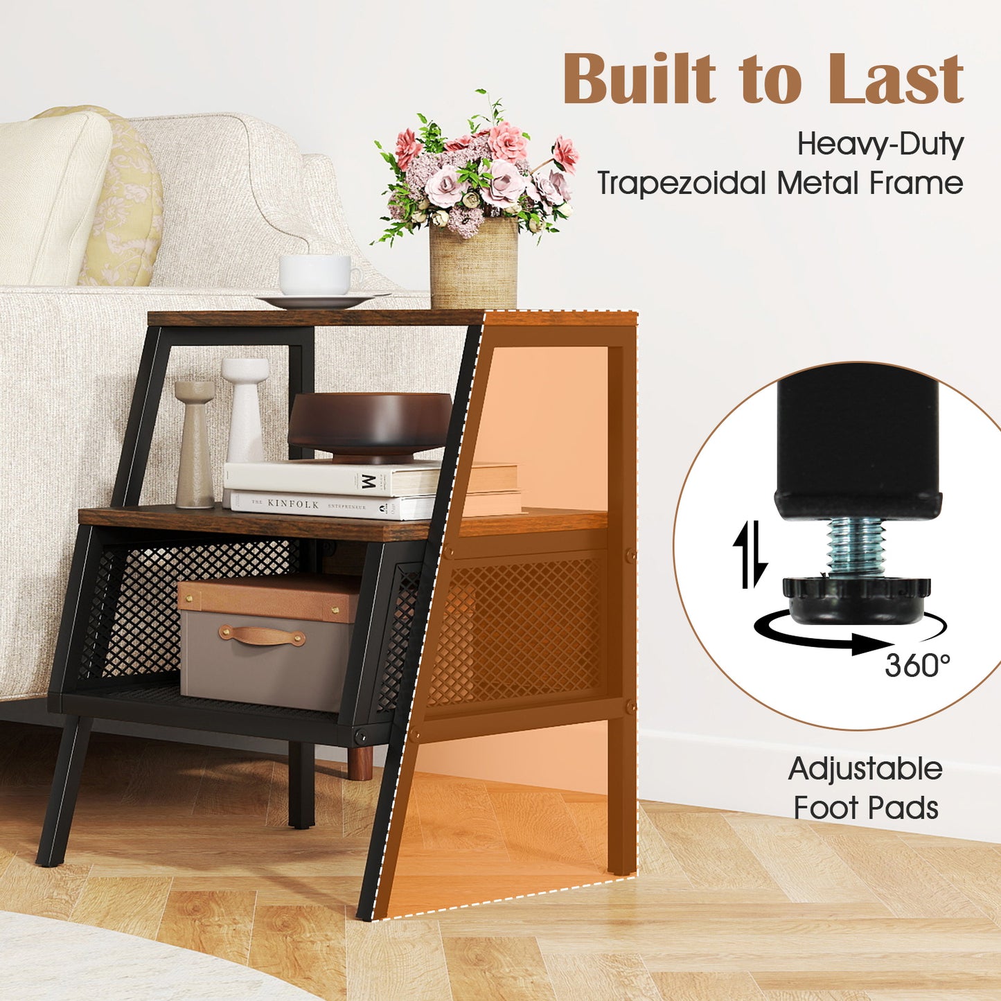 Industrial Nightstand 3-Tier End Table with 2 Open Shelves and Metal Mesh Compartment-Rustic Brown