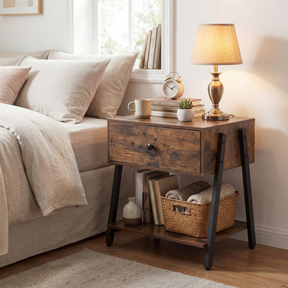 Industrial Nightstand with Drawer and Adjustable Feet