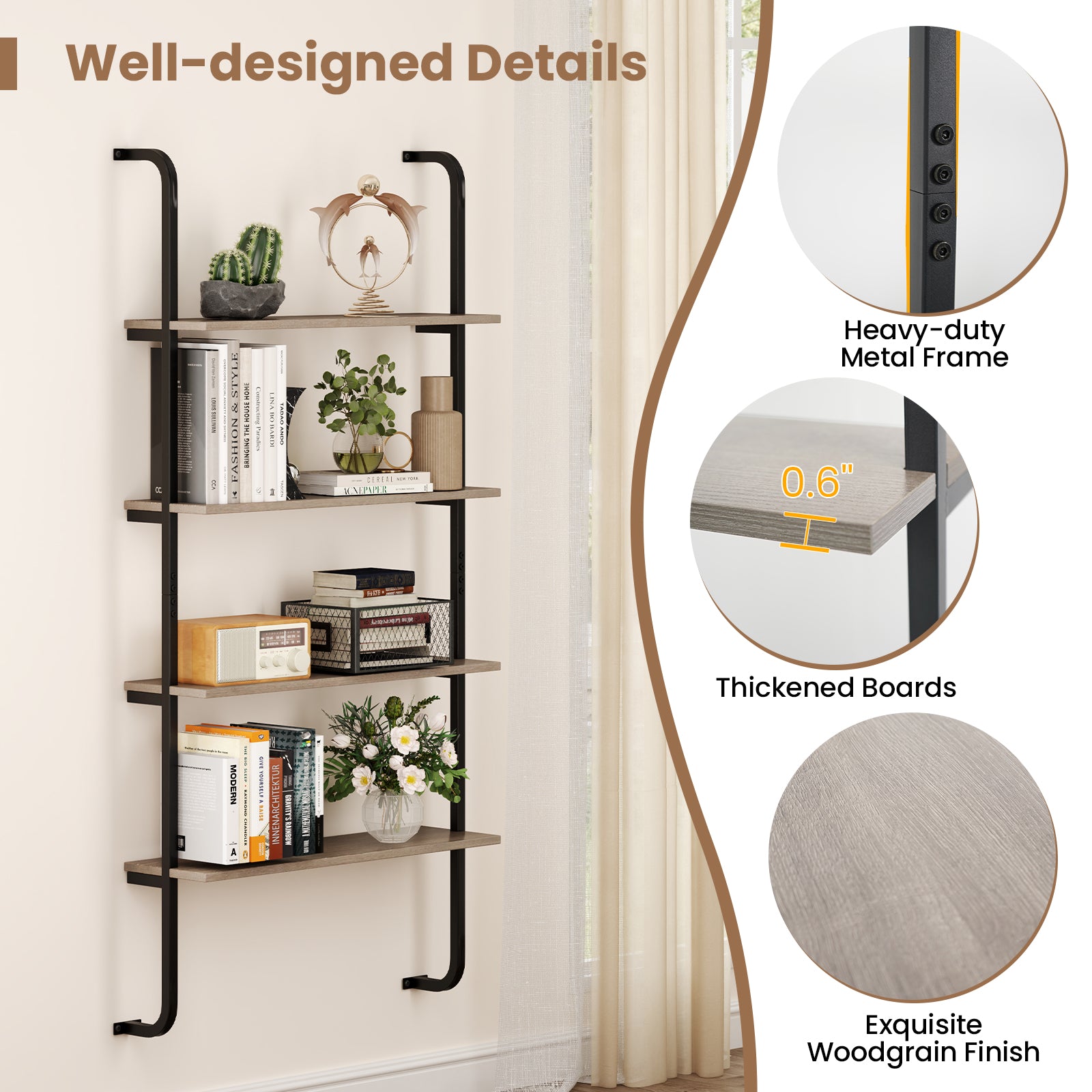 4-Tier Industrial Pipe Shelving with Metal Frame for Living Room Kitchen-Oak