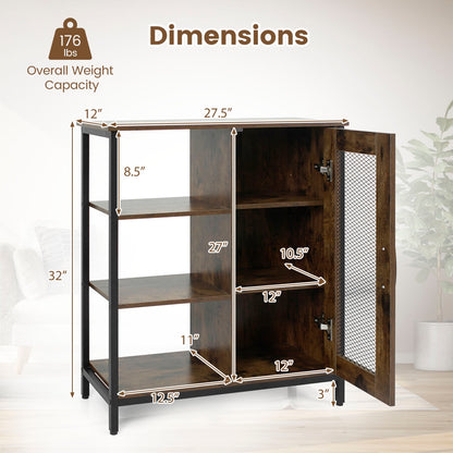 Industrial Side Cabinet with Metal Mesh Door & 3 Shelves