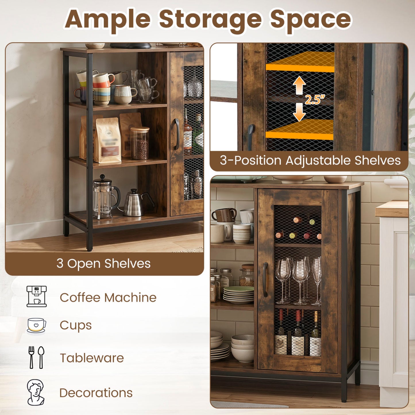 Industrial Side Cabinet with Metal Mesh Door & 3 Shelves