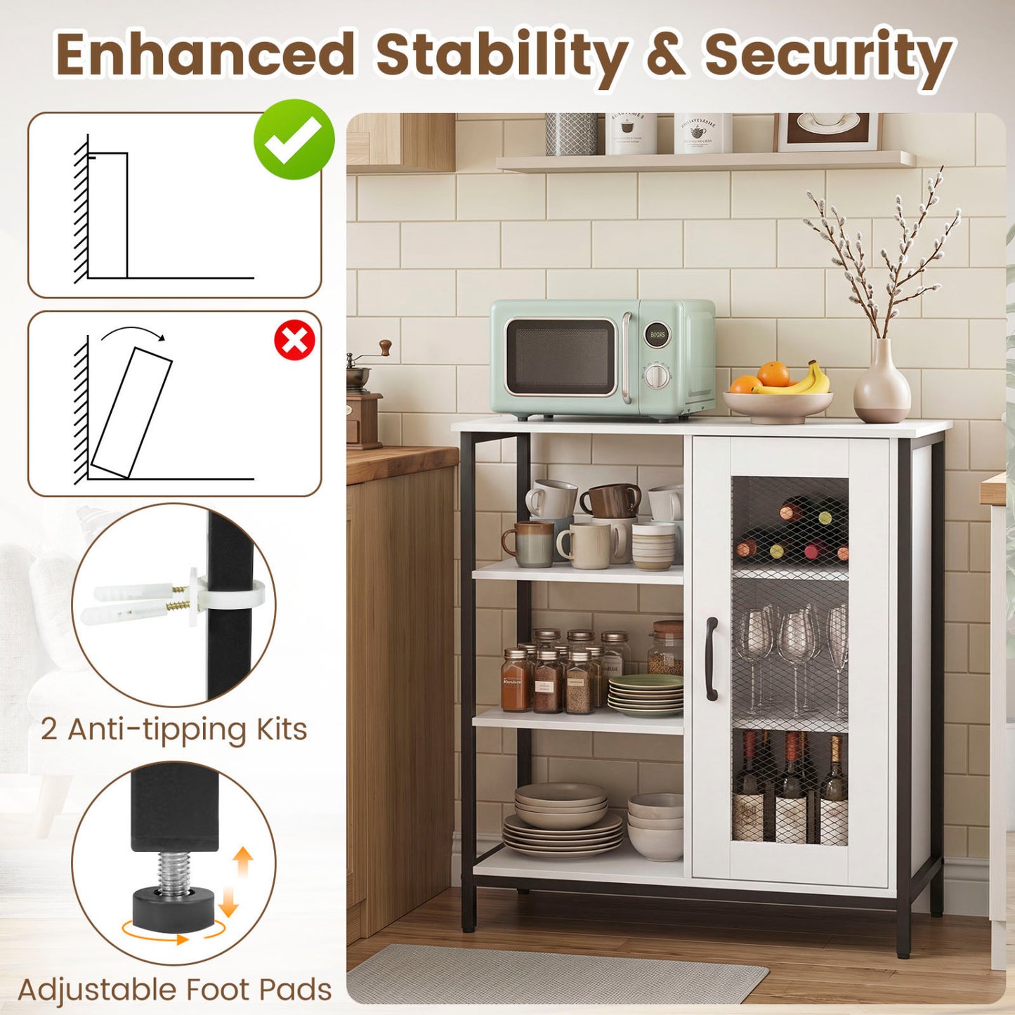 Industrial Side Cabinet with Metal Mesh Door & 3 Shelves