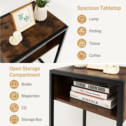 Industrial Side Table with Anti-Rust Steel Frame and Open Storage