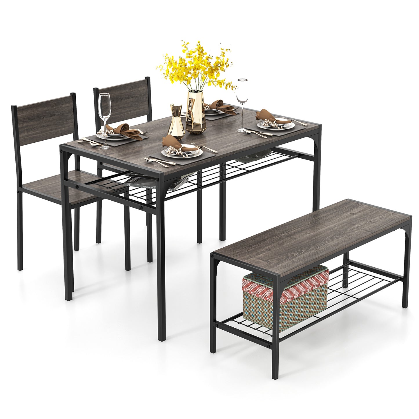 Industrial Style Rectangular Kitchen Table with Bench and Chairs-Walnut - Gray