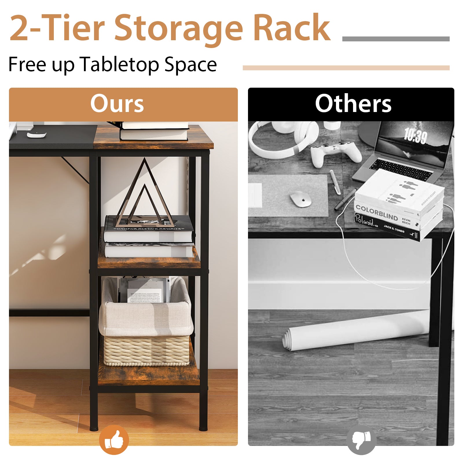 55 Inch Modern Industrial Style Study Writing Desk with 2 Storage Shelves-Black