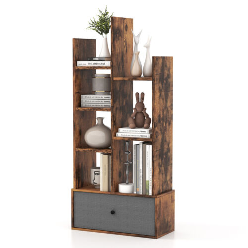 7-Tier Open-Back Bookshelf with Drawer-Rustic Brown