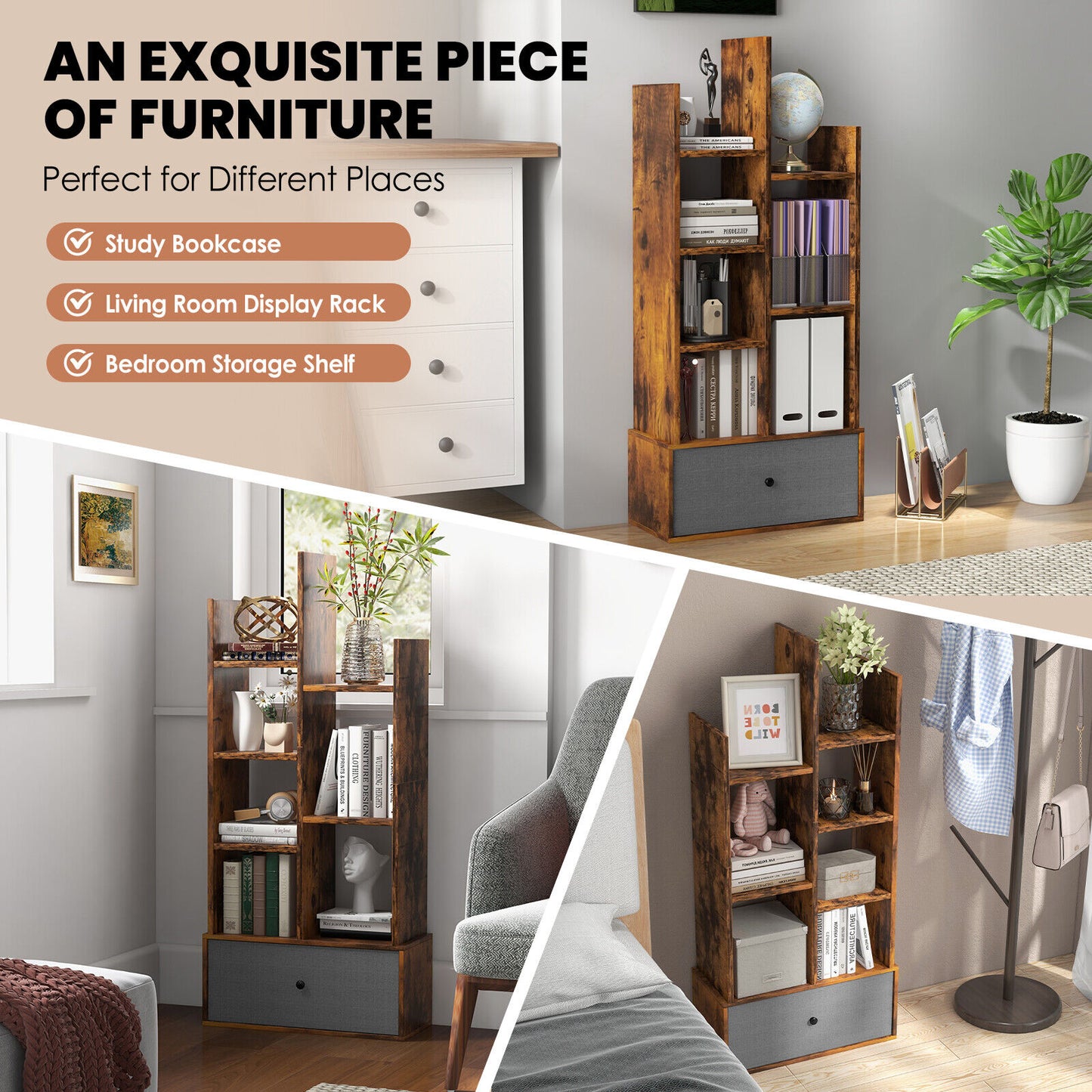7-Tier Open-Back Bookshelf with Drawer-Rustic Brown