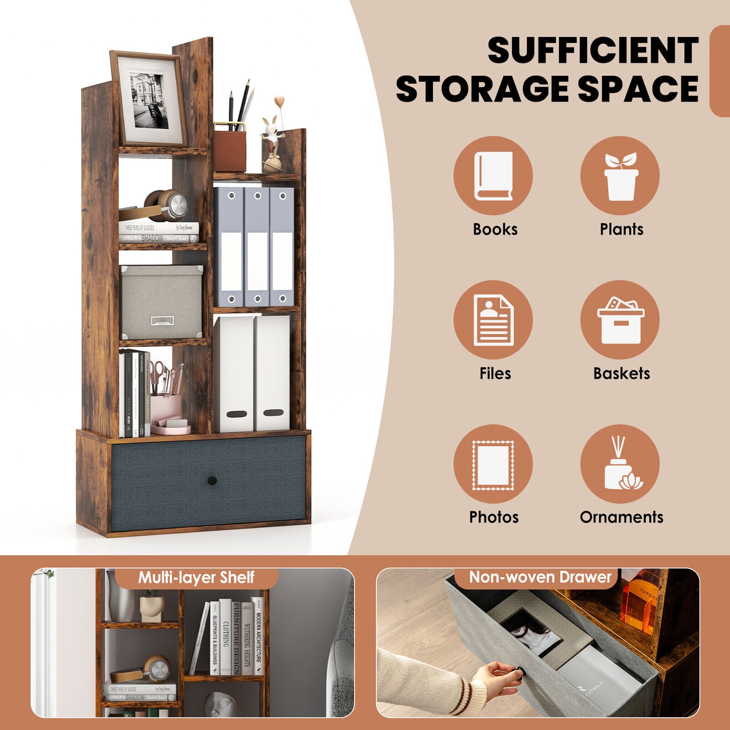 7-Tier Open-Back Bookshelf with Drawer-Rustic Brown