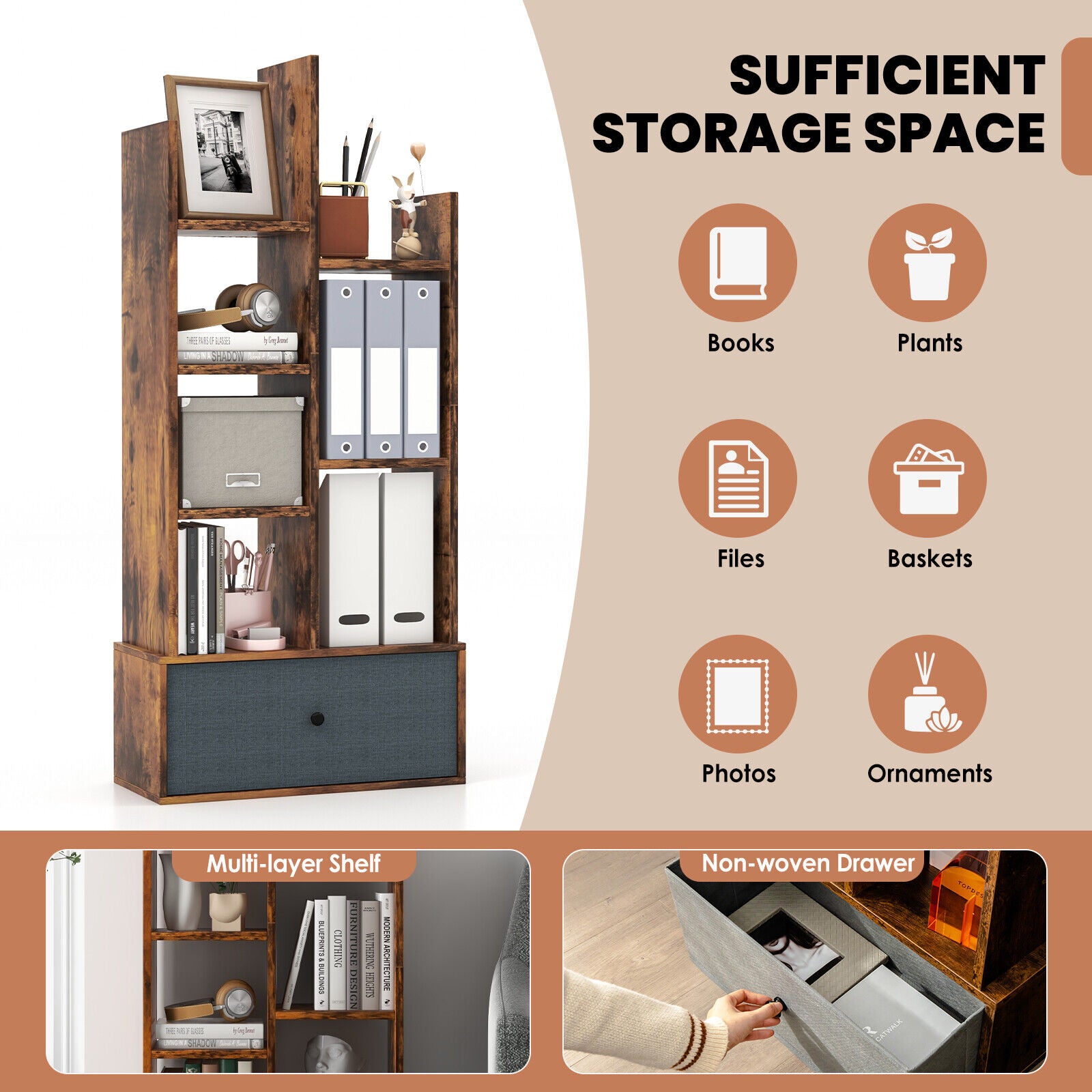 7-Tier Open-Back Bookshelf with Drawer-Rustic Brown