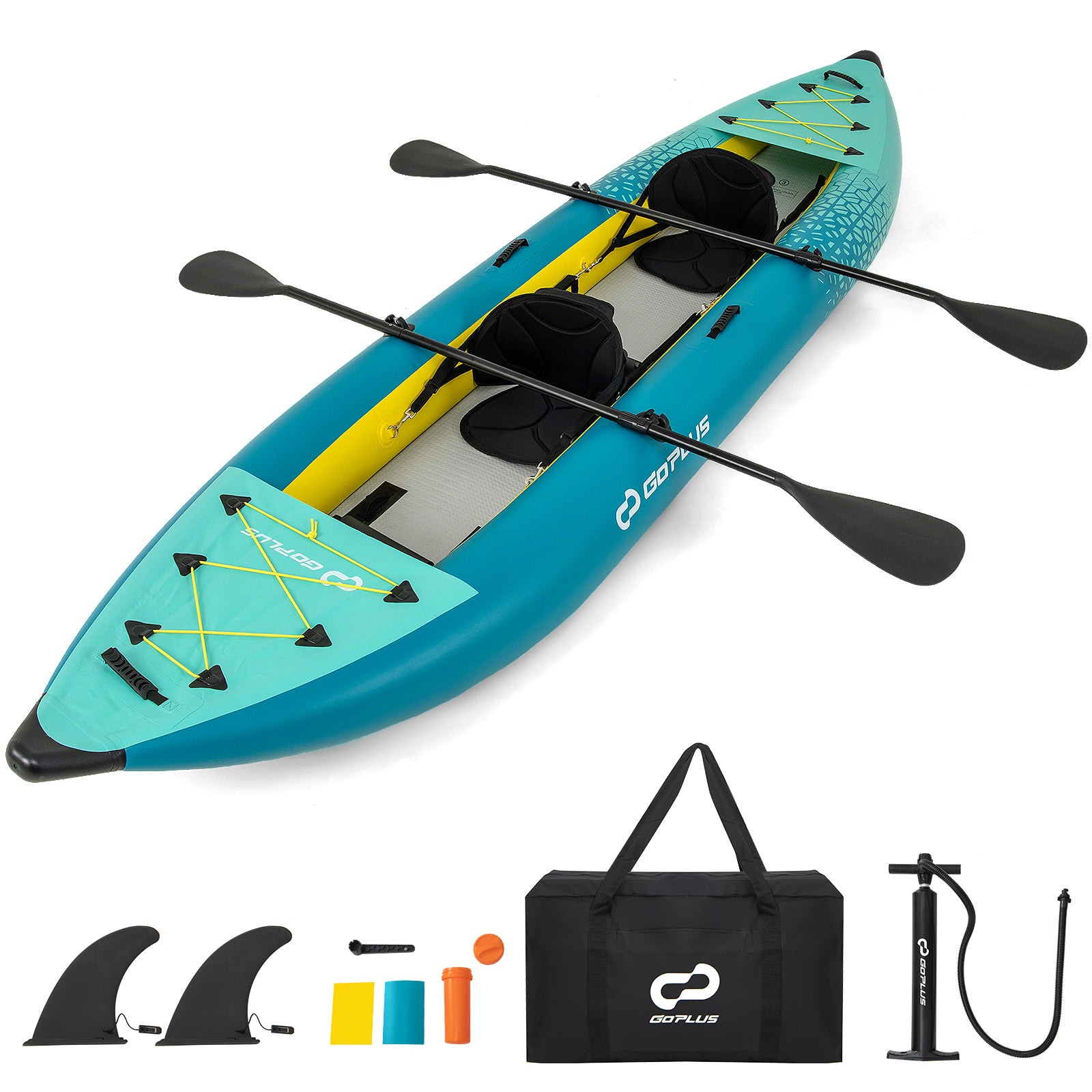 Inflatable 2-person Kayak Set with Aluminium Oars and Repair Kit-Yellow - Green