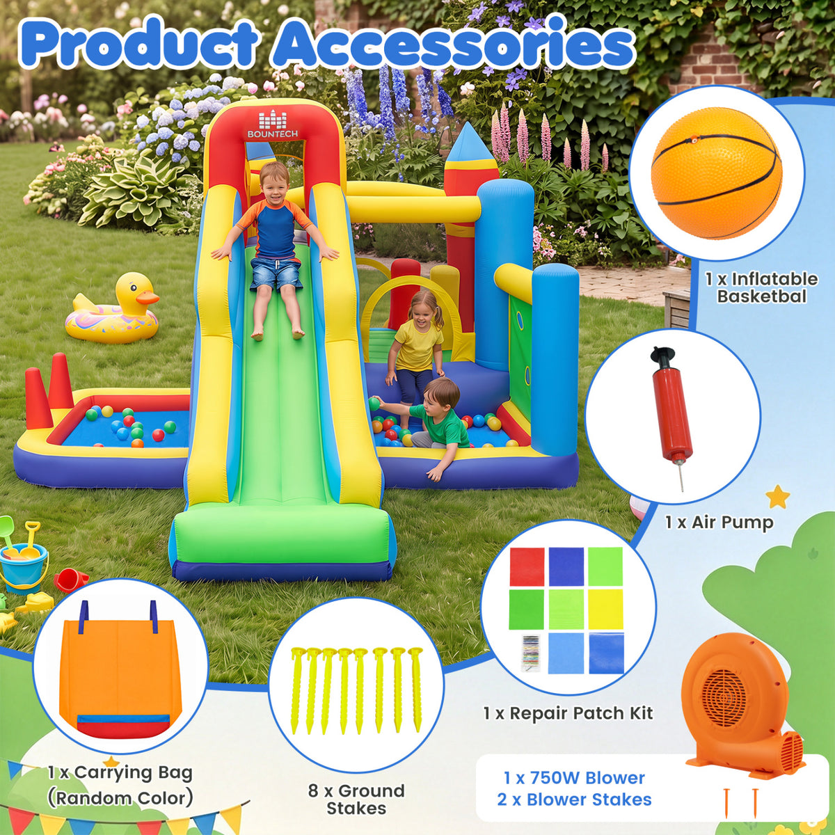 Inflatable Bounce House with Slide and Basketball Hoop