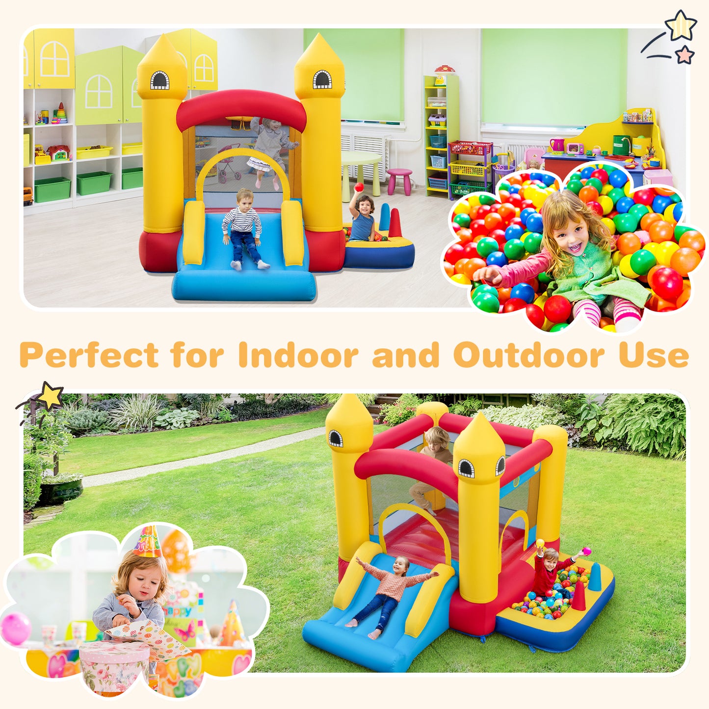 Inflatable Bounce House with 480W Blower and Ocean Balls for Yard