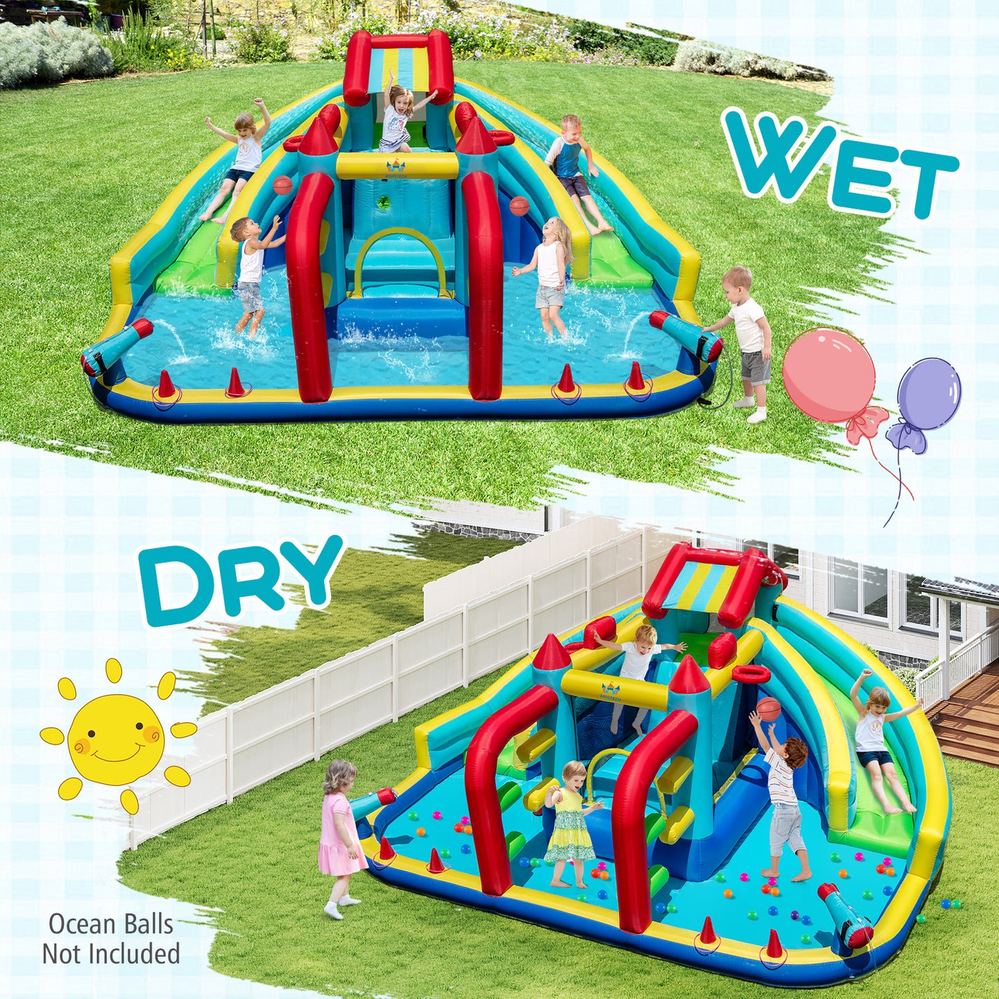 Inflatable Double Water Slide Park with 750W Blower and Obstacle Course
