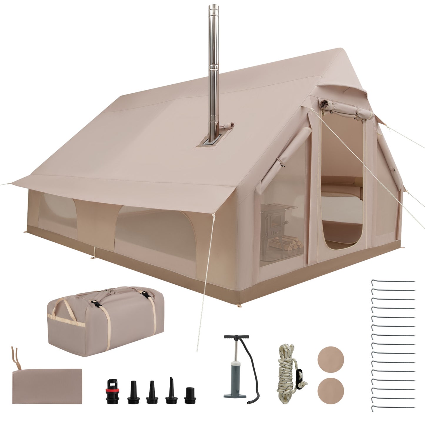 Inflatable Camping Tent 6-10 Person with Stove Jack Beige