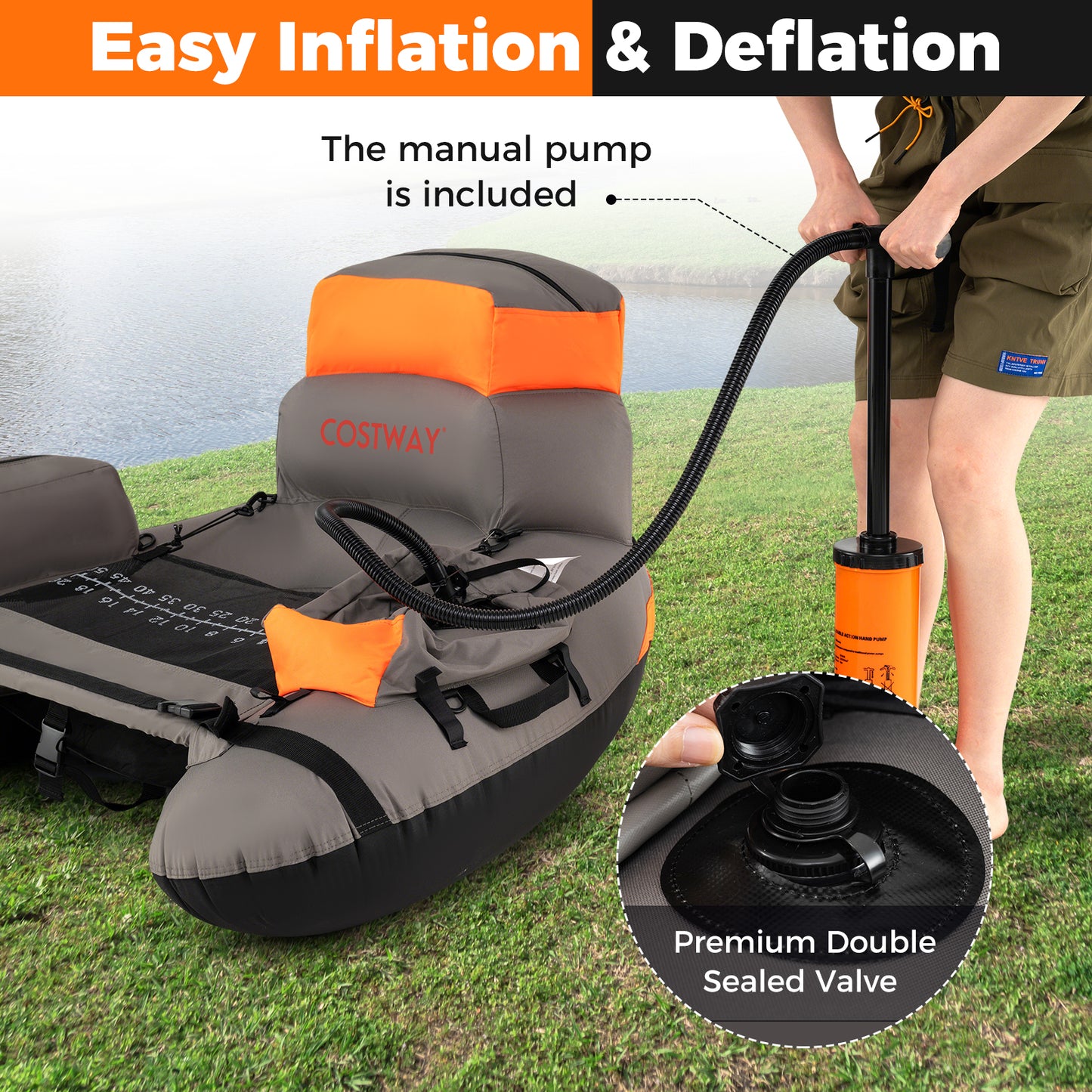 Inflatable Fishing Float Tube with Shoulder Straps and Storage for Angling-Orange