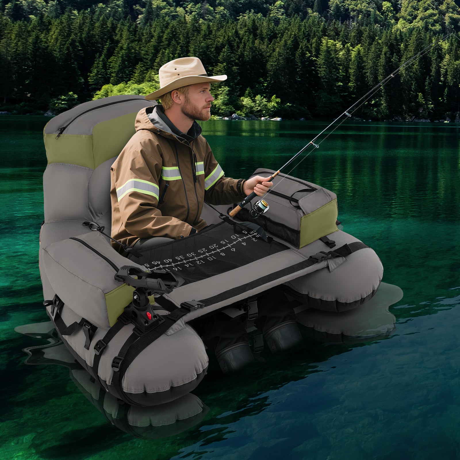 Inflatable Fishing Float Tube with Shoulder Straps and Storage for Angling-Green