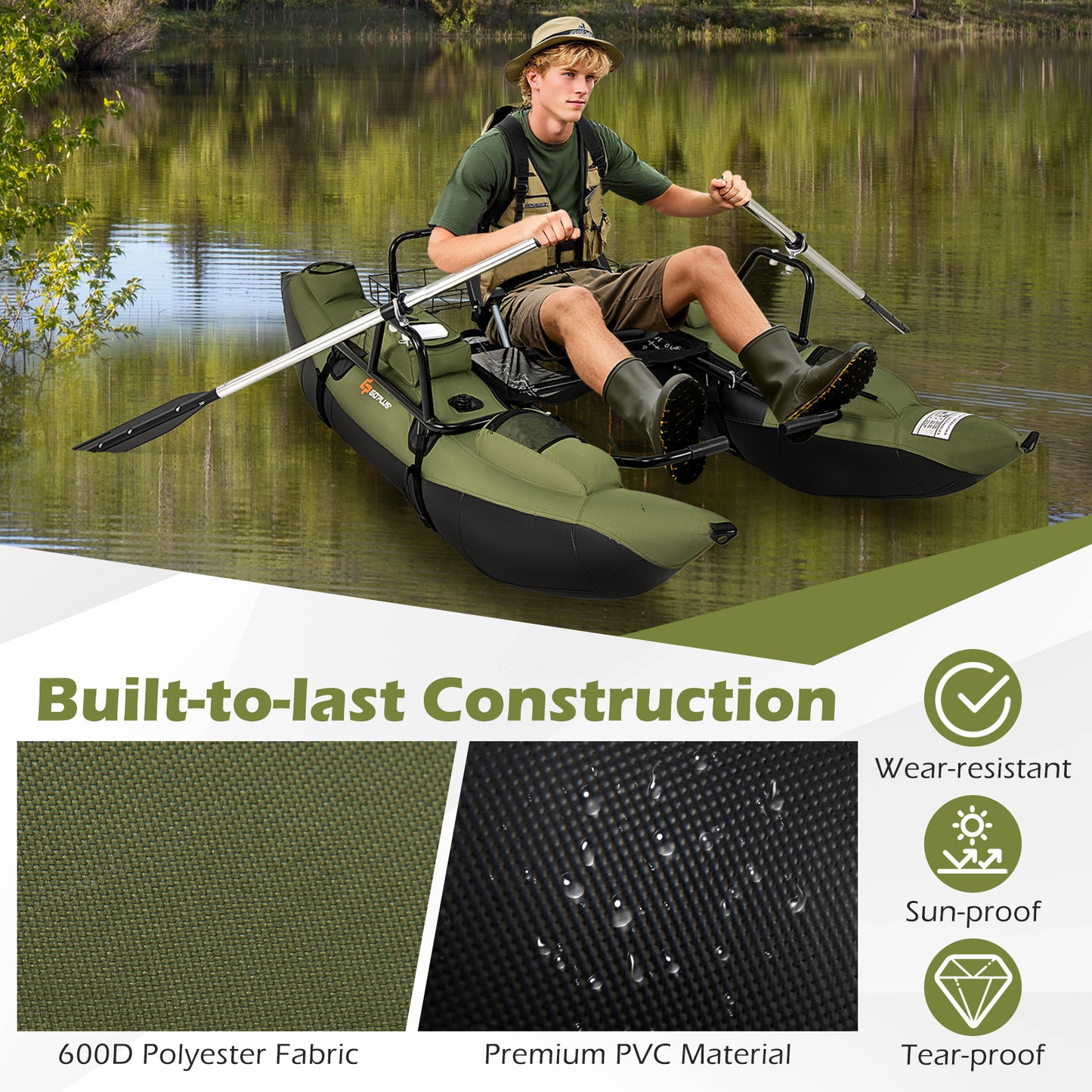 Inflatable Fishing Float Tube with Foldable Padded Seat and Adjustable Footrest-Green