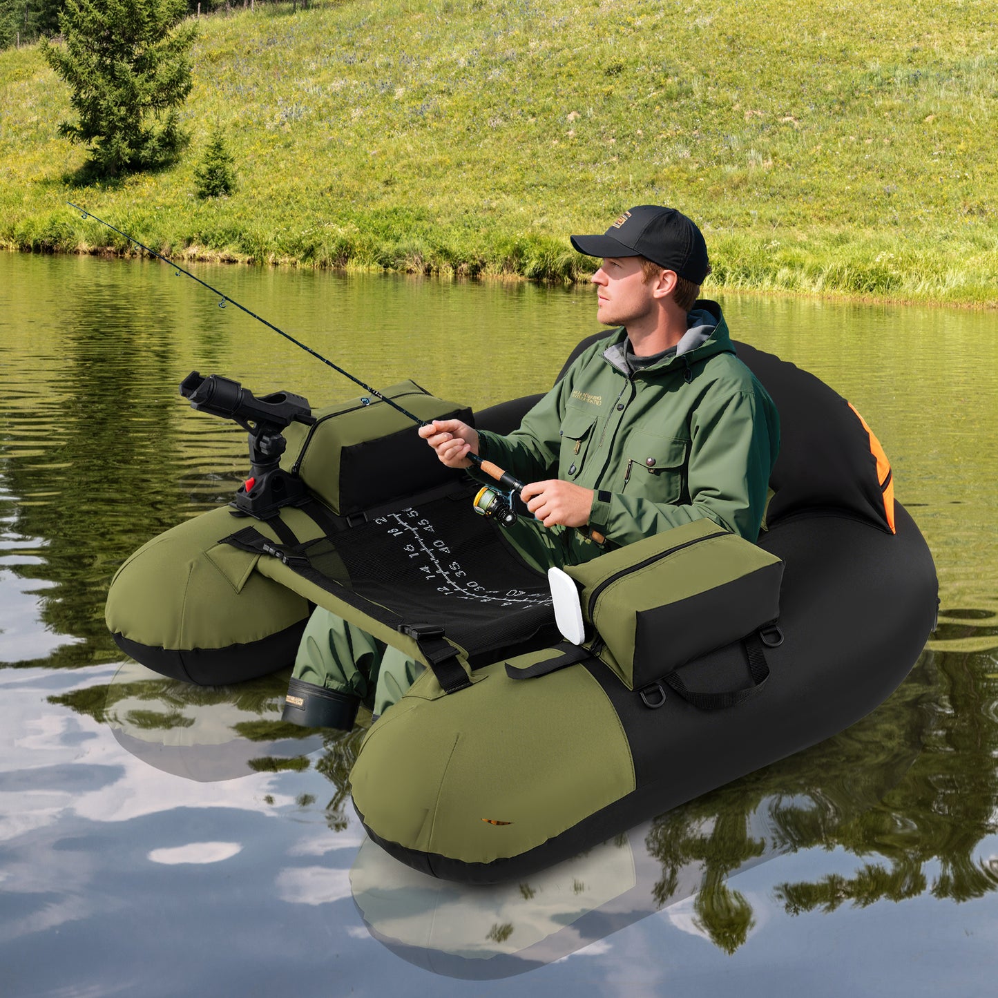Inflatable Float Tube with Adjustable Fishing Rod Holder and Fish Hook Stator-Green