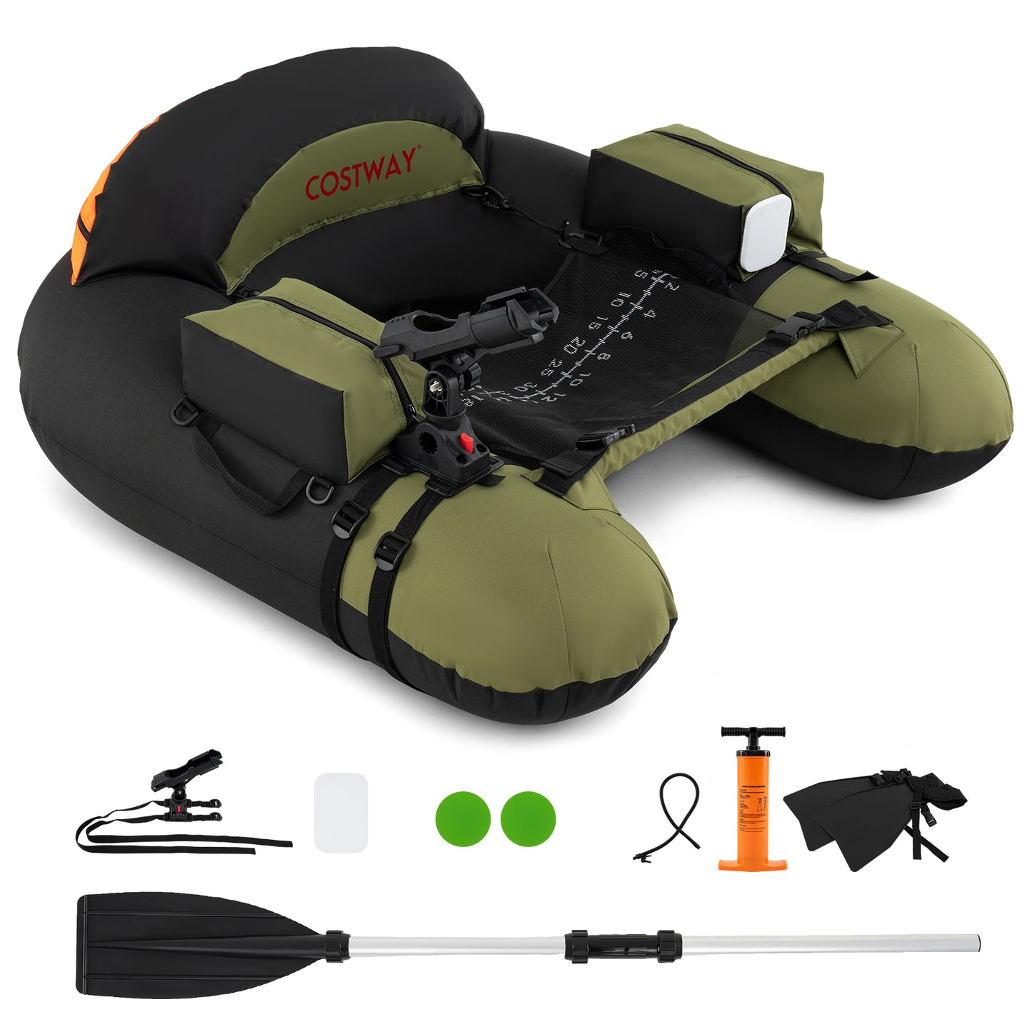 Inflatable Float Tube with Adjustable Fishing Rod Holder and Fish Hook Stator-Green