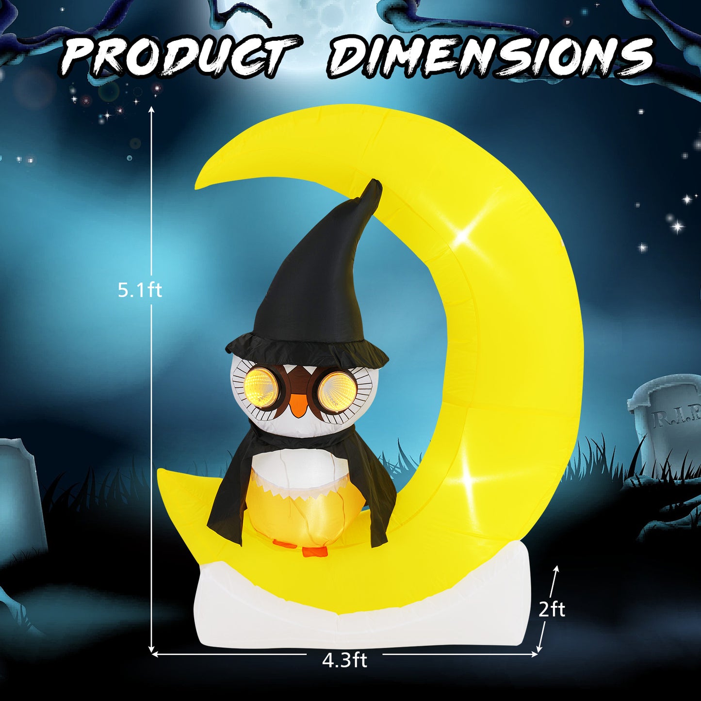 Inflatable Owl on Moon LED Lighted Halloween Decoration with Large Moon and Wizard Owl